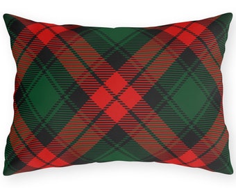 Waterproof Pillows | Lumbar Red Green Plaid Outdoor Indoor Cushion | Scottish Tartan Porch Decor | Weatherproof  Pillows