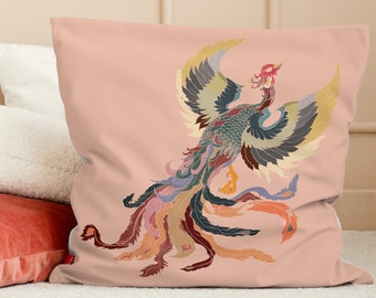 Coussin Phoenix imperméable | Coussin d'extérieur rose pêche art japonais multicolore | Phoenix Bird UV - Coussins décoratifs pour jardin résistants à l'eau