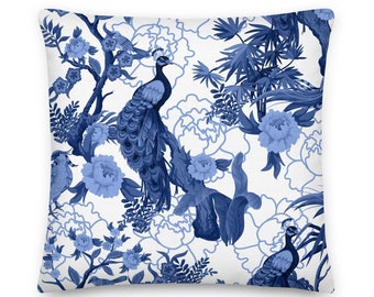 Oreillers d'extérieur - Oreiller imperméable et UV - Coussin chinois paon et pivoine, Oreiller décoratif oriental bleu et blanc-16 x 16, 18 x 18, 20 x 20