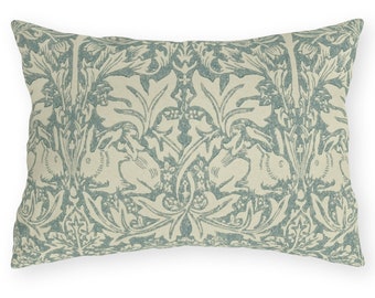 Waterproof Pillow-William Morris "Brer Rabbit" Outdoor Pillows-UV and Waterproof Green & Cream Lumbar Morris Art Pillow, Garden Art Gift