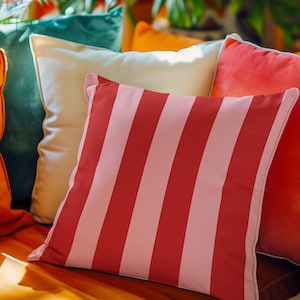 Pink and Red Waterproof Striped Outdoor Cushion | Vibrant Patio Red and Pastel Pink Decor Cushions | Colourful Pastel Pink Red Stripe Pillow