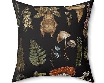 Herbology Black Throw Pillow, Magic Plants Throw Pillow, Green Witchcraft Cushion For Magic, Forest And Goblincore Lovers