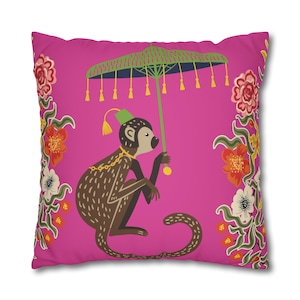Monkey Pillow Case, Vintage Monkey & Umbrella Vegan Suede Cushion Cover Bright Pink Pillow Case In Chinoiserie Style 14x14 16x16 18x18 20x20