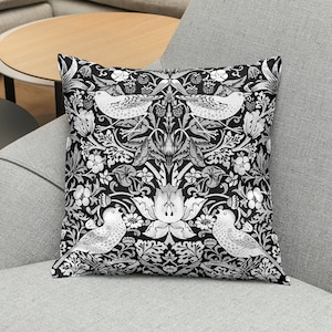 Strawberry Thief Pillow Case- William Morris Famus Strawberry Thief Black & Gray Pillow Cover-William Morris Soft Vegan Suede Cushion Cover
