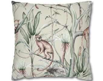 Jungle Monkey Pillow Case, Tropical Animals And Exotic Jungle Plants, Leaves And Flowers Cushion Cover, Tropical Home Decor
