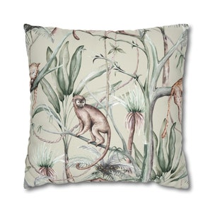 Jungle Monkey Pillow Case, Tropical Animals And Exotic Jungle Plants, Leaves And Flowers Cushion Cover, Tropical Home Decor