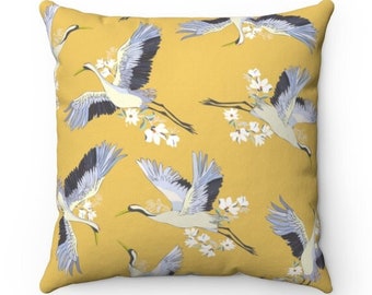 Japandi Style Throw Pillows-Flying Cranes in Mustard Yellow Cushion-Birds Accent Pillow-Japanese-Scandinavian Décor Gift For Housewarming