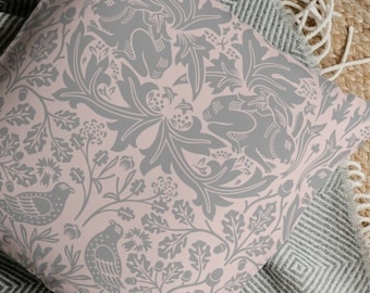William Morris "Brer Rabbit" Square Pillow Case, William Morris Pillow Cover in Gray and Dust Pink- 14x14,16x16,18x18,20x20