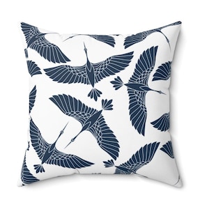 Japandi Pillow Case, Japanese Cranes Minimalist Trendy Design, Japan-Scandinavian Style Navy Dark Blue And White Birds Square Pillow Cover