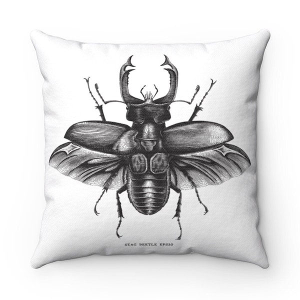 Beetle Throw Pillow-Insect Stag Beetle Bug Engraving Vintage Style Accent Cushion-Gift For Goblincore, Cottagecore And Farmhouse Lovers