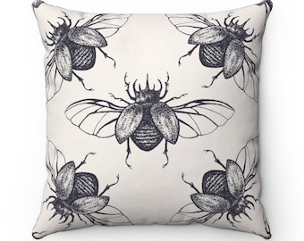 Cottagecore Vintage Pillow,  Dark Academia Aesthetic Biology Cushion, Beetles with Wings, Entomology  Beetles Pillow, Goblincore Gift.