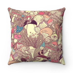 Soft Suede Square Pillow, Mushroom Beige Decor Throw Pillow, Forest Mushrooms-Theme Decor Cushion, Gift For New House