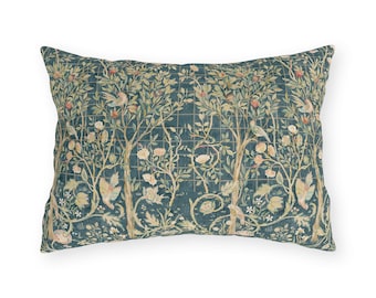 Waterproof William Morris Outdoor Lumbar  Pillows | Vintage "Melsetter Bird" Garden Cushion  | Indigo Rose Patio Porch Decorative Art Pillow