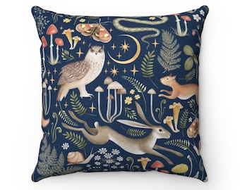 Enchanted Forest Vegan Suede Pillow | Forestcore Woodland Animals Pillow  |  Fairycore Blue Cushion | Gift For Nature Lovers