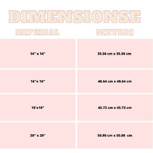 May include: A chart showing the dimensions of square canvases in inches and centimetres. The chart is divided into two columns, one labelled "Imperial" and the other labelled "Metric". The chart shows the dimensions of canvases ranging from 14 inches to 20 inches.