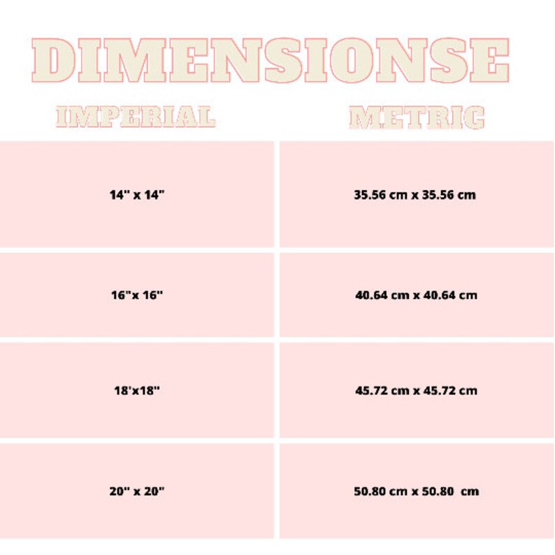 May include: A chart showing the dimensions of square canvases in inches and centimetres. The chart is divided into two columns, one labelled "Imperial" and the other labelled "Metric". The chart shows the dimensions of canvases ranging from 14 inches to 20 inches.