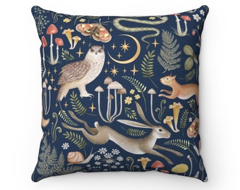 Dark Blue Academia Pillow, Forest Animals Fairycore Blue Cushion, Woodland -Theme Trendy Forestcore Room Decor, Wild Nature Decor Gift