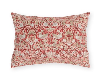 Waterproof William Morris Outdoor Lumbar Pillow | Red "Strawberry Thief" Lumbar Outdoor Cushion | Garden Patio Porch Decor Gift For Home