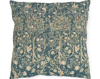 Waterproof William Morris Outdoor Pillows | Vintage "Melsetter Bird" Garden Cushion  |  Green Blue Rose Patio Porch Decorative Art Pillow