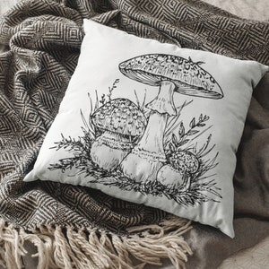Mushroom Throw Pillow, Black&White Mushroom Pillow, Amanita Mushrooms Decor Pillow, Mushrooms Theme Decor, Gift For The Cottagecore Lover