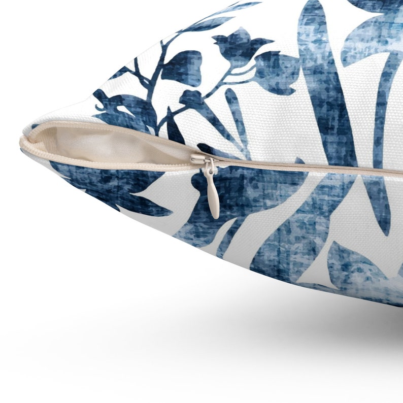 Sturdy Denim Floral Throw Pillow | Dark Denim Fowers On White Cushions I Sturdy Denim Dark Blue Flowers Pillow | Gift For Daugther & Home image 2