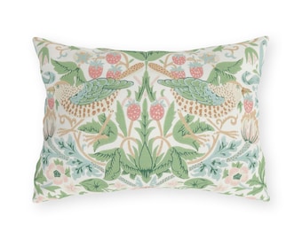 Waterproof William Morris Outdoor Lumbar Pillow | Pastel  "Strawberry Thief" Lumbar Outdoor Cushion |  Art Decor Gift For Garden Patio Porch