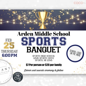 Sports Banquet Template Horizontal Navy | Awards Night Invitation | Team Party Editable Invite | End Of Season | Senior Parent Night Flyer