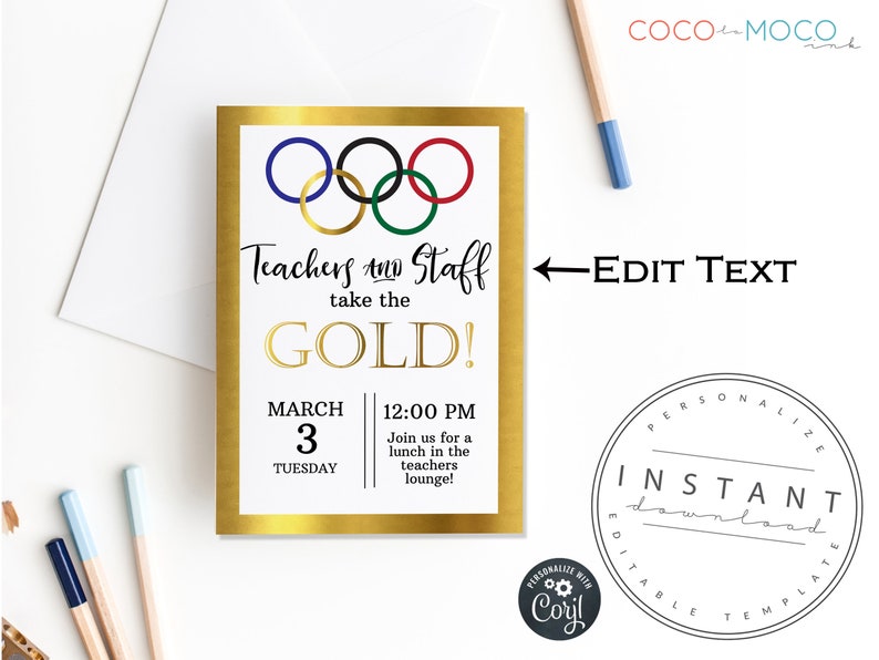 EDITABLE Olympic Teacher Appreciation Invitation Template Gold Etsy