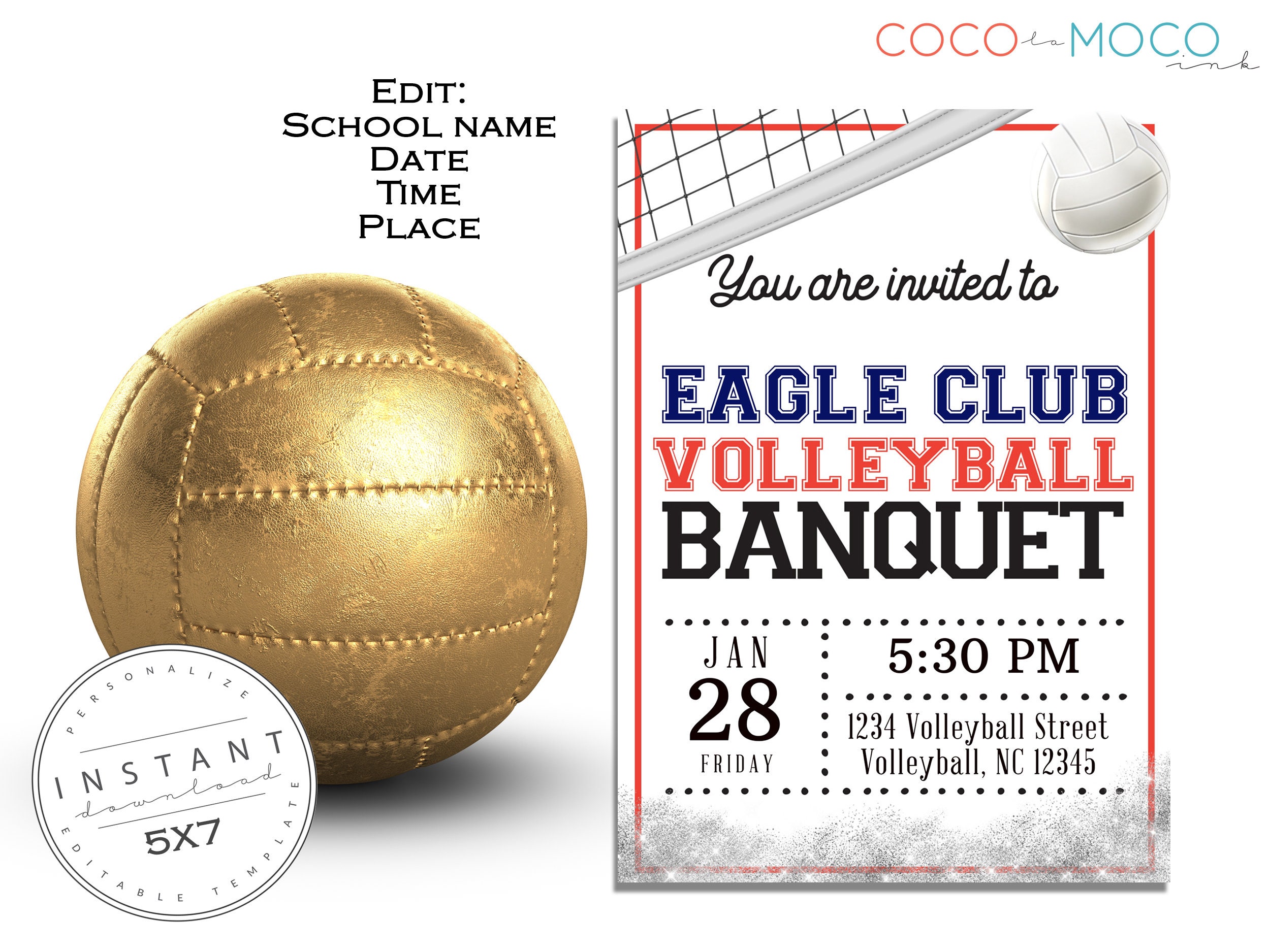 EDITABLE Volleyball Banquet Invitation Template Orange Club Player