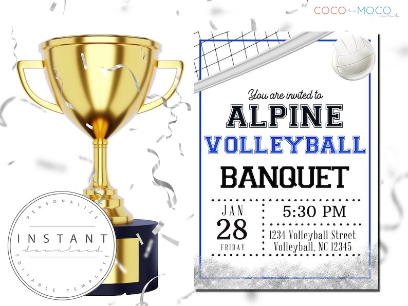 Volleyball Banquet Invitation Template Blue Awards Ceremony Etsy