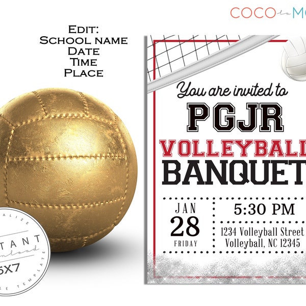 EDITABLE Volleyball Banquet Invitation | Red Awards Ceremony Template | High School | Junior High |Club Volleyball Invite |Senior Invitation