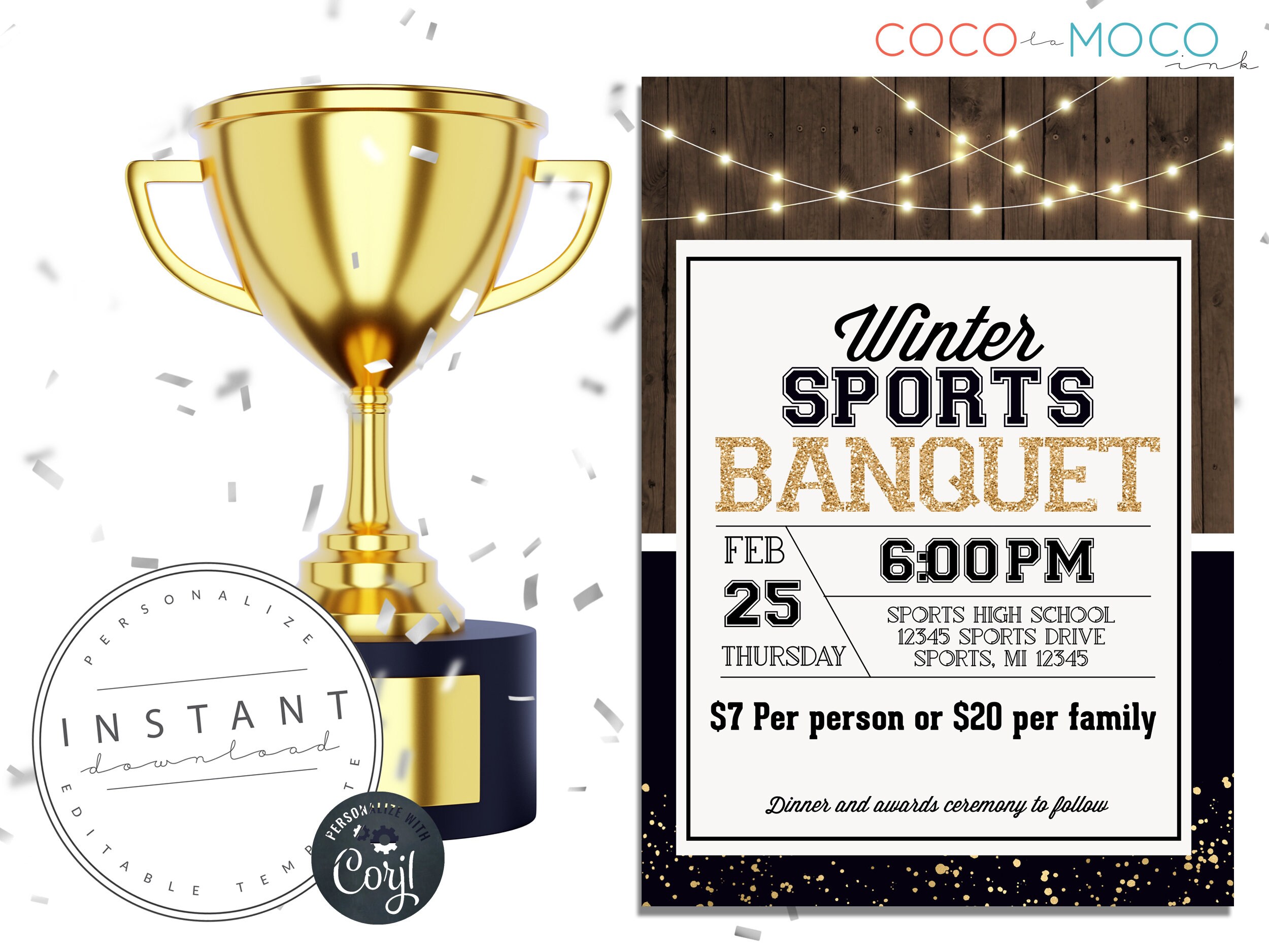 EDITABLE Winter Sports Banquet Invitation Template Club Player Awards Ceremony Team Party Invite