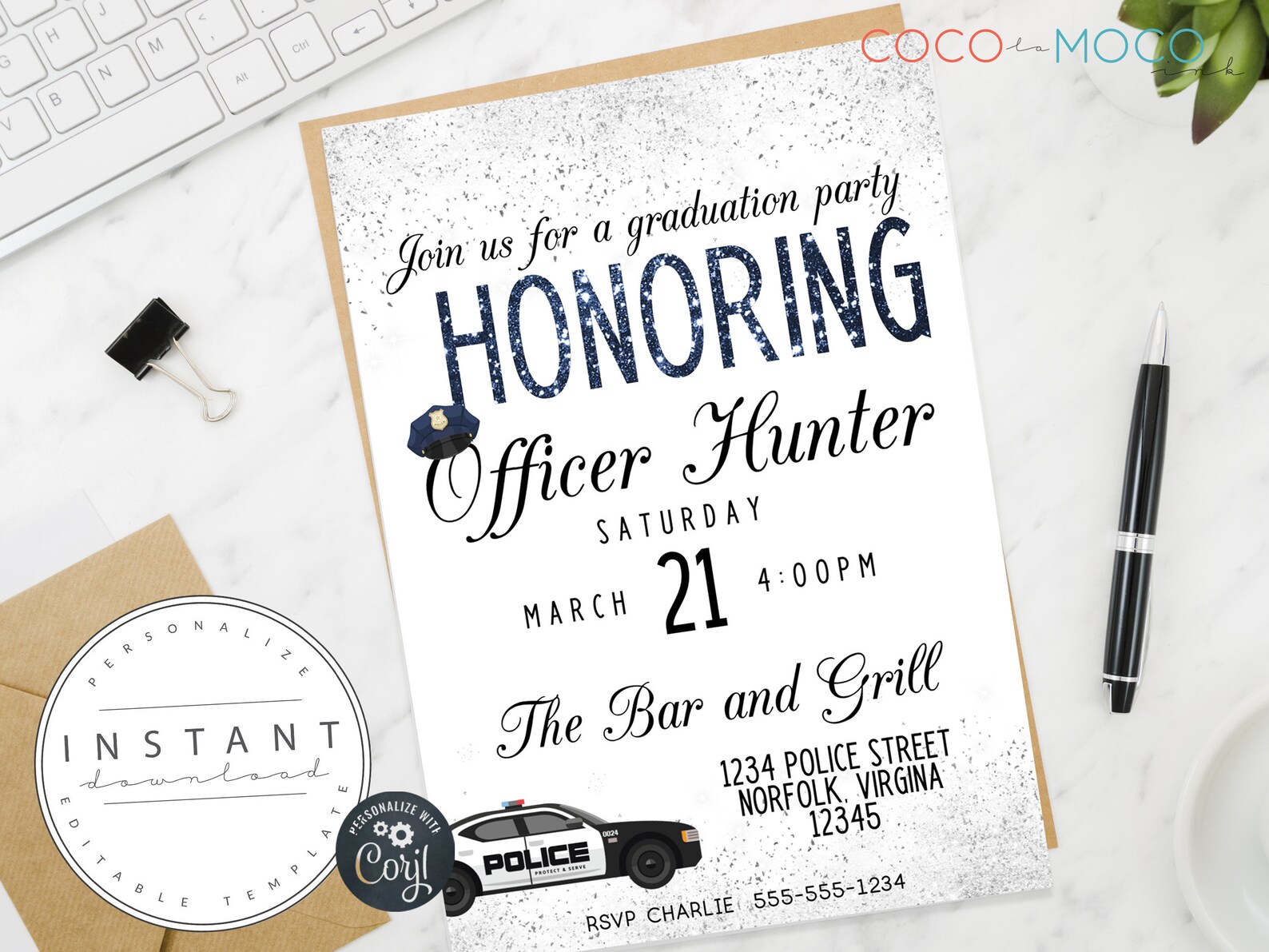 EDITABLE Sparkle Police Graduation Party Invitation Template Etsy