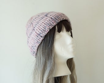 Thick Pink and Gray Crocheted Hat