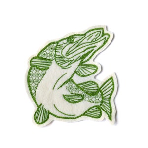 May include: Green embroidered patch of a fish with a detailed design. The fish is facing upwards with its mouth open.