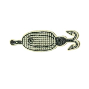 May include: A black and white embroidered patch of a fishing lure with three hooks.