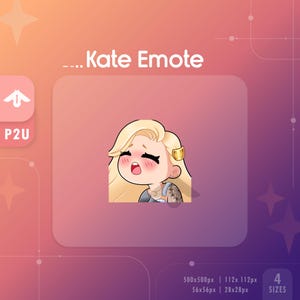 May include: A digital illustration of a cartoon character with blonde hair, wearing a blue and white shirt with a floral pattern. The character has a surprised expression with their mouth open and their eyes wide. The image is labeled "Kate Emote" and includes four different sizes: 500x500px, 112x112px, 56x56px, and 28x28px.