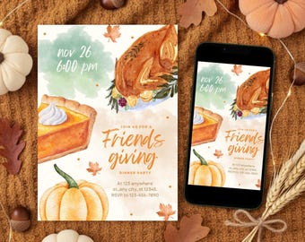 Animated Friendsgiving Dinner Invitation, Thanksgiving Watercolor Turkey Pie Design Evite, Instant Download, Editable Canva Template