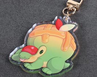 May include: A clear acrylic keychain featuring a cartoon turtle character in shades of green, orange, and red. The keychain has a gold-colored clasp. The turtle is lying down with its tongue sticking out.