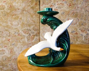 Art Deco Green Barbotine Ceramic Candlestick Holder.