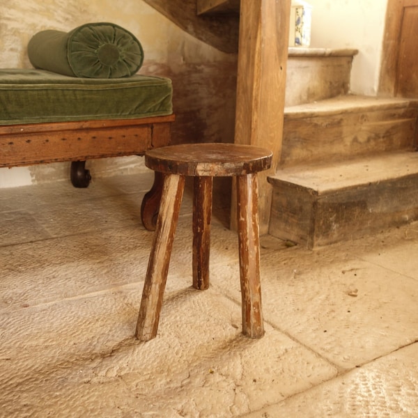 50's French Rustic Wooden Tripod Stool.