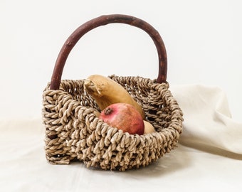 Antique Macrame Cord Fruit Basket: Rustic Wicker Decor