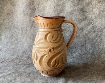 Handcarved Clay Pitcher. Rustic German Pottery Jar. Terracotta Flower Vase, Water Jug, Wine Jar. Irregular Ceramic Tableware, Drinkware.