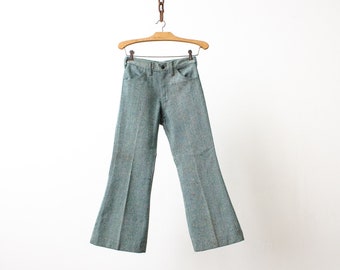 DEADSTOCK Herringbone Tweed Pants. Authentic 60s Italian Mid-Rise Wool Pants. Green Hippie/Boho Flare Pants. Very Small Size Pants.