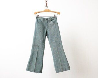 60s Deadstock Wool Tweed Flare Pants: Italian Green Herringbone, XS