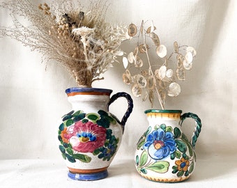 50s Italian Art Pottery. Set of 2 Cellini Pitchers. Midcentury Handcarved Handpainted Flower Vase. Enamel Stoneware Earthenware Jar.