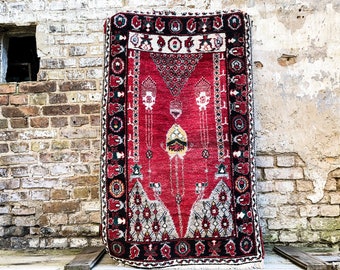 Moroccan Psychedelic Rug. 70s Eclectic Small Rug. Handwoven Red Retro Wool Rug. Oriental Tapestry with Original Patterns.