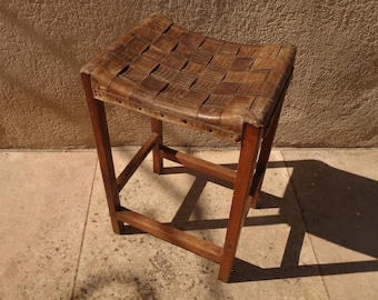 50's Brutalist French Leather Wooden Stool.