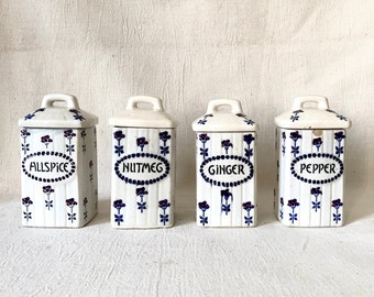 Antique Kitchen Porcelain Canister. Set of 4 Small Handpainted Spices Box. 1930s German Kitchenware.