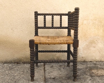 Vintage French Corner Bobbin Fireplace Chair - Rustic Home Decor Accent Chair